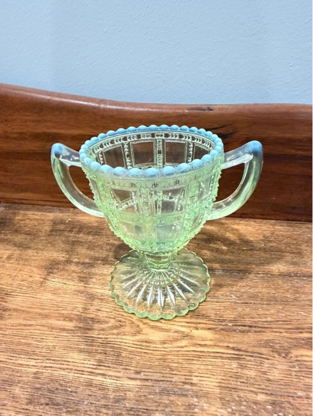Vintage Uranium Glass Footed Sugar Bowl Opalescent Rim